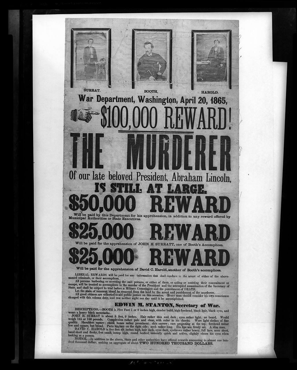 $100,000 reward! The murderer of our late beloved President, Abraham Lincoln, is still at large, 1865 — historic photograph