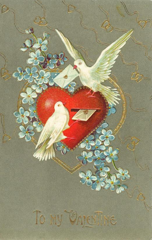 To My Valentine card with doves, envelopes and forget-me-nots — historic image