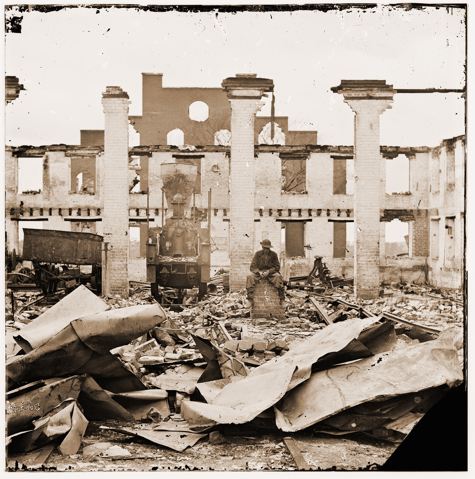Richmond Virginia. Ruins of Richmond & Petersburg Railroad depot. (Destroyed locomo, 1865 — historic photograph