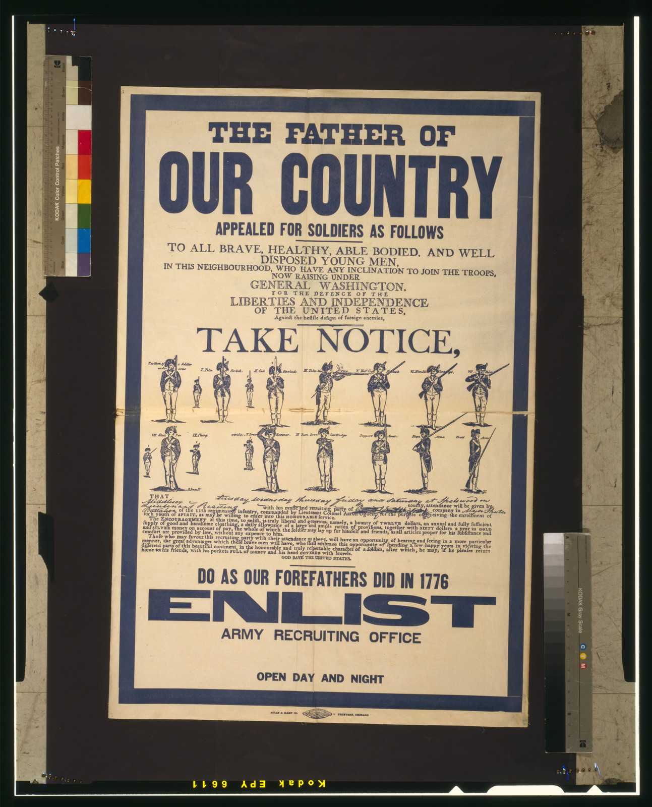 The father of our country appealed for soldiers as follows [...] Do as our forefathers did in 1776--Enlist--Army recruiting office open day and night., Chicago : Ryan & Hart Co. Printers, [1917] — vintage poster