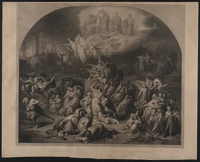 Engraving of a biblical siege scene with burning city and angels