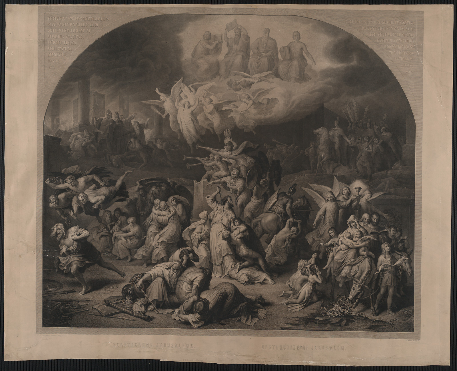 Engraving of a biblical siege scene with burning city and angels — antique engraving