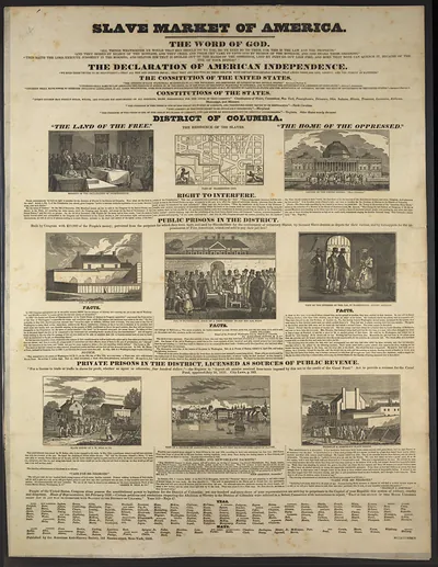 Slave Market of America broadside with declarations and prison notices