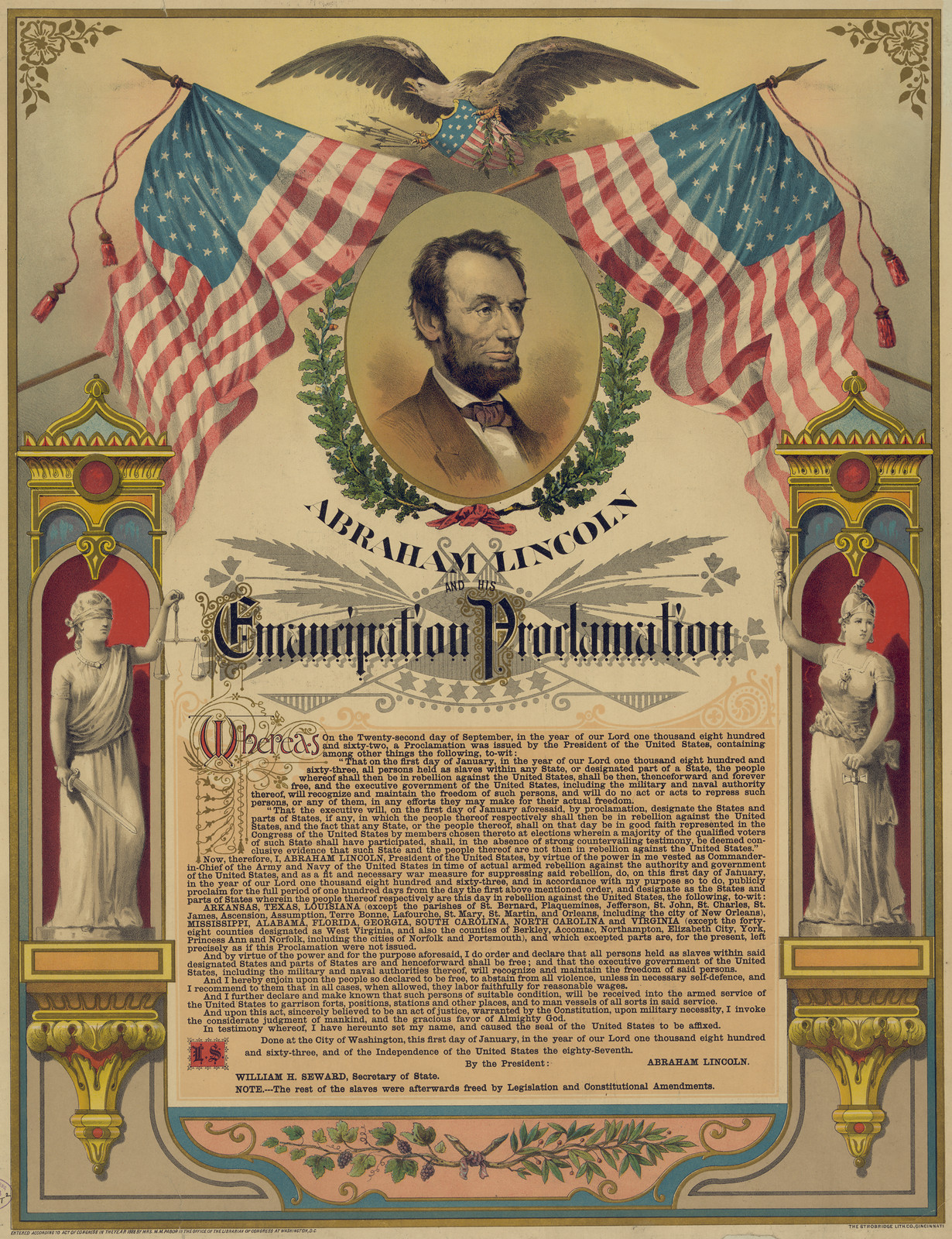 Abraham Lincoln And His Emancipation Proclamation, c. 1888 — antique lithograph