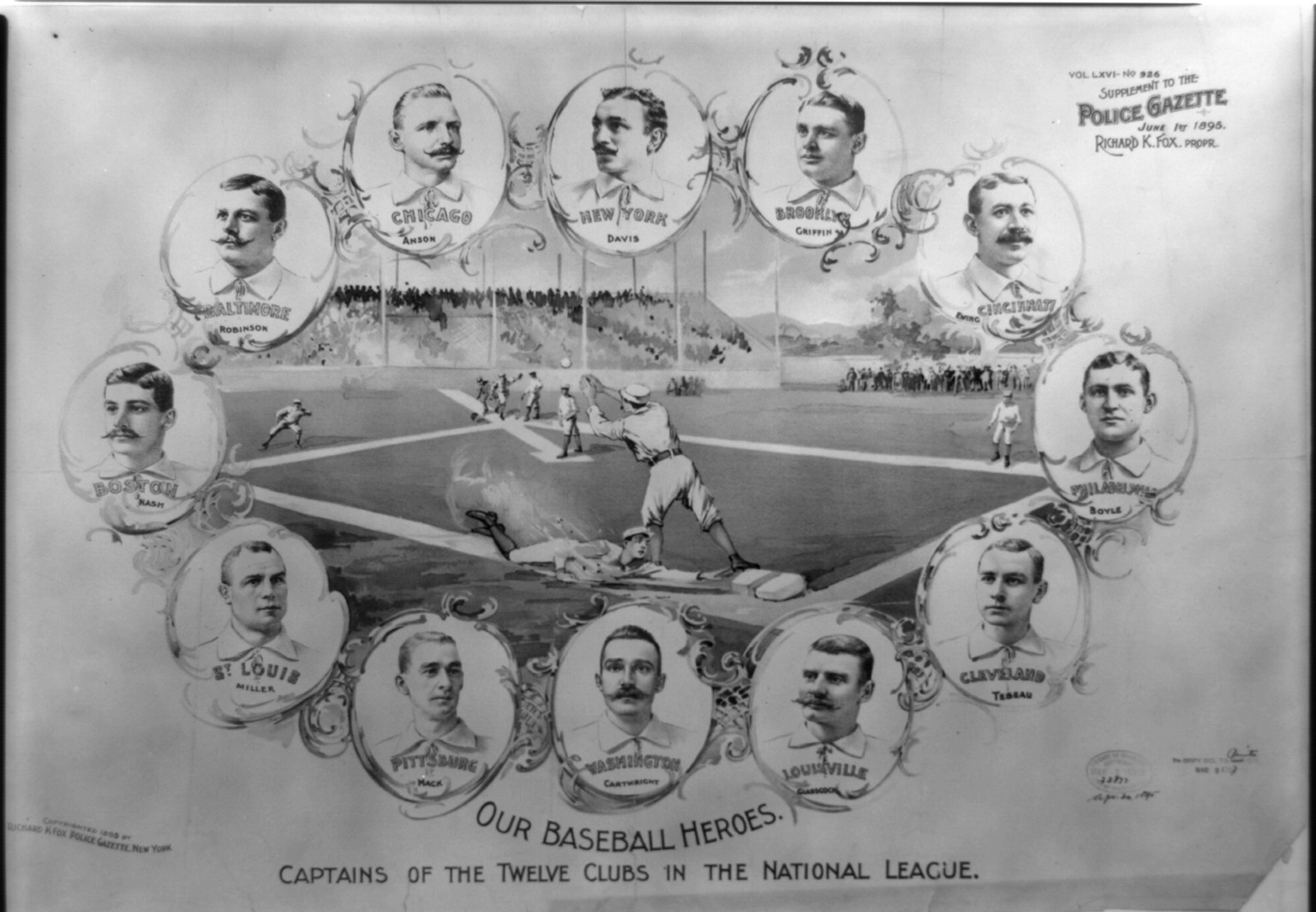 Our baseball heroes - captains of the twelve clubs in the National League, New York : Richard K. Fox, c1895 Apr. 20. — antique lithograph