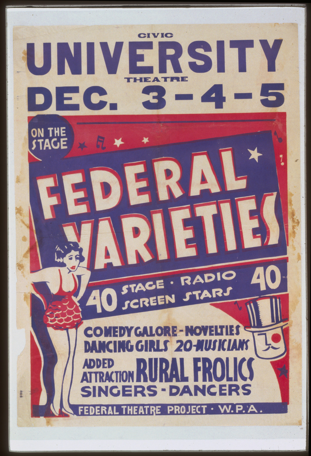 Federal varieties 40 stage radio screen stars., 1936 — vintage poster