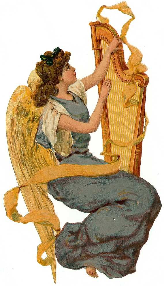 Winged angel playing a golden harp with ribbons — historic image