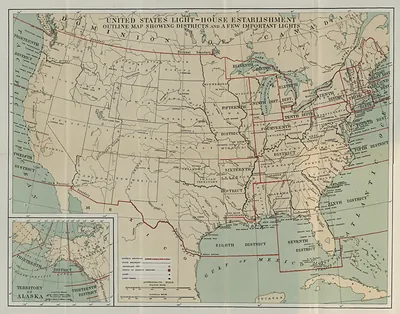 United States Light-House Establishment outline map showing districts and a few important lights
