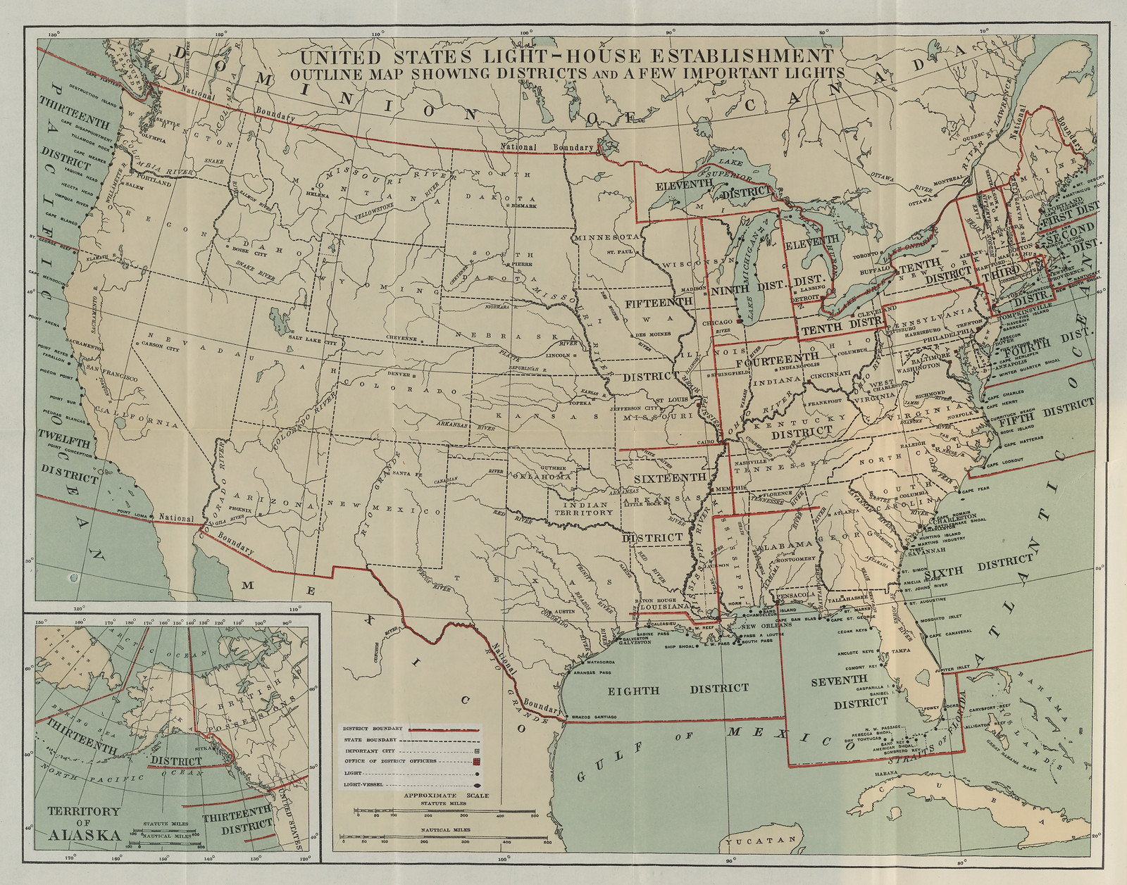 United States Light-House Establishment outline map showing districts and a few important lights, 1896 — antique map