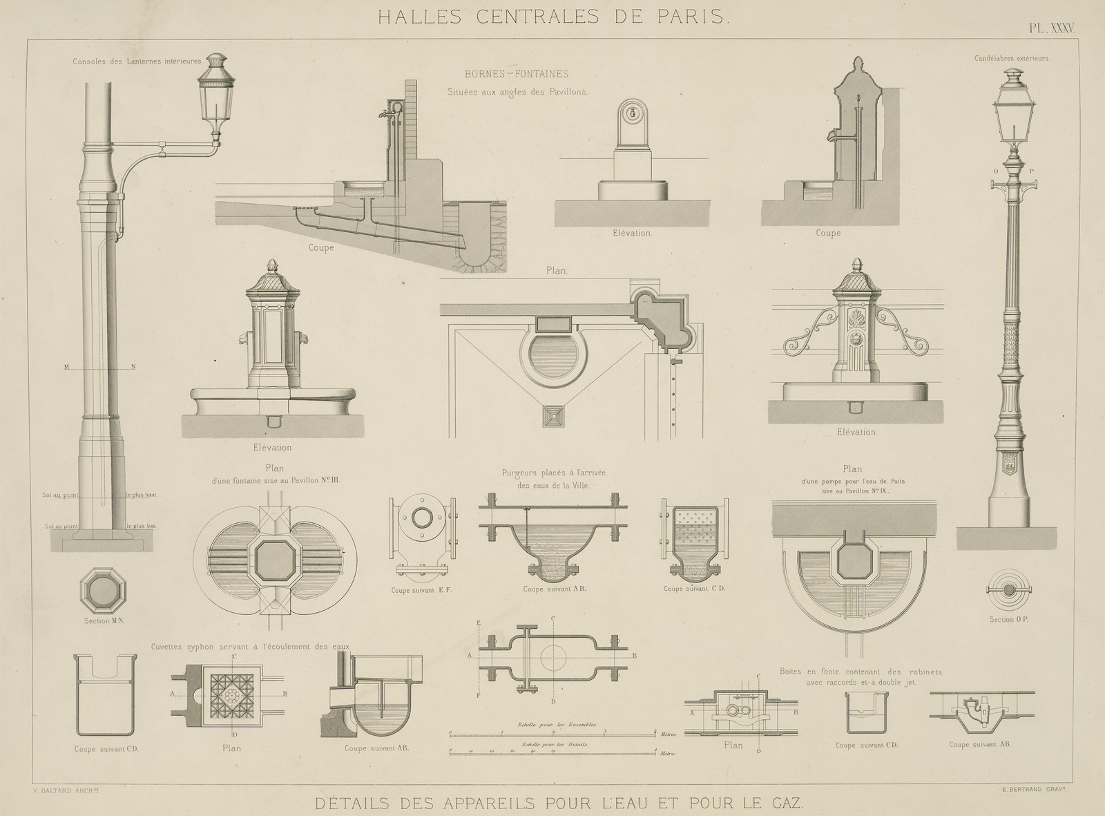 Halles Centrales de Paris: details of water and gas fittings — historic image