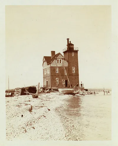 [View of lighthouse from beach, Duluth, Minn., 1903]