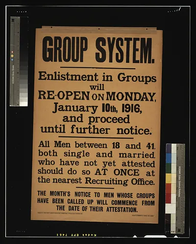 Group system. Enlistment in groups will re-open on Monday, January 10th, 1916, and proceed until further notice. [...] / printed by Roberts & Leete, Ltd., London.