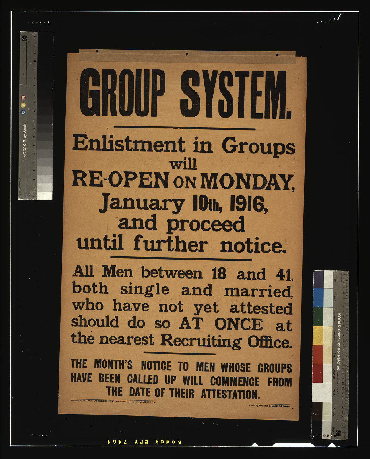 Group system. Enlistment in groups will re-open on Monday, January 10th, 1916, and proceed until further notice. [...] / printed by Roberts & Leete, Ltd., London., London : Joint Labor Recruiting Committee, [1915] — vintage poster