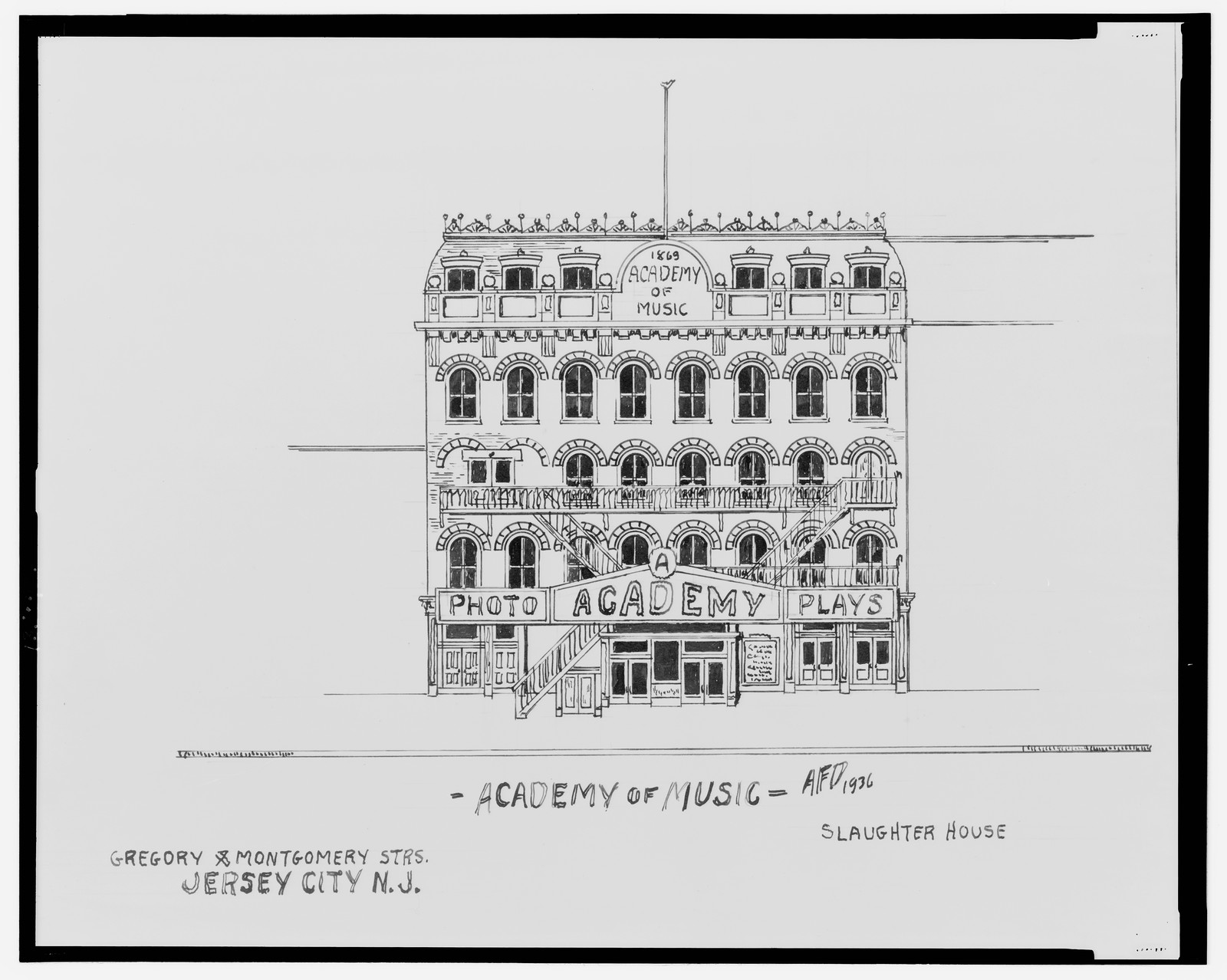 Academy of Music, Jersey City N.J., Building Elevation Drawing — vintage poster