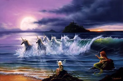 Unicorns wading through surf with a fairy and mermaid