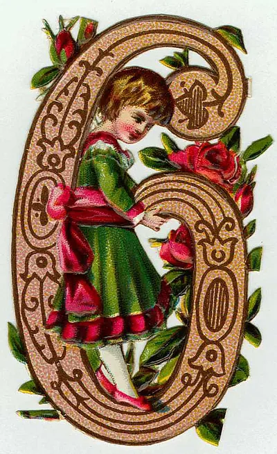 Victorian die-cut decorative letter with girl and roses