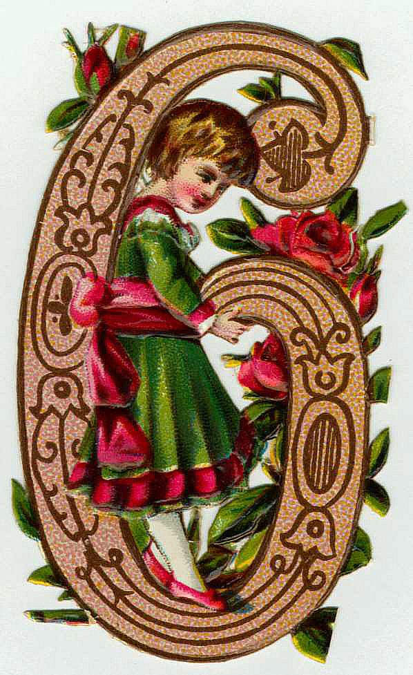 Victorian die-cut decorative letter with girl and roses — historic image