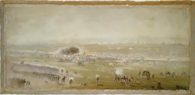 Picketts charge from a position on the enemys line looking toward the Union lines, Zieglers grove on the left, clump of trees on right / Edwin Forbes.