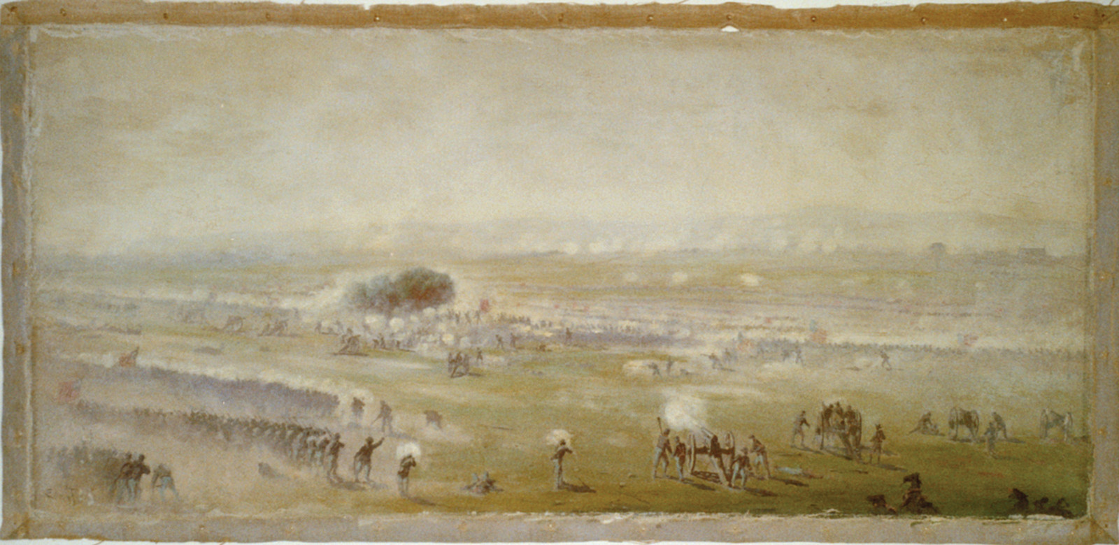Picketts charge from a position on the enemys line looking toward the Union lines, Zieglers grove on the left, clump of trees on right / Edwin Forbes., [between 1865 and 1895] — historic image
