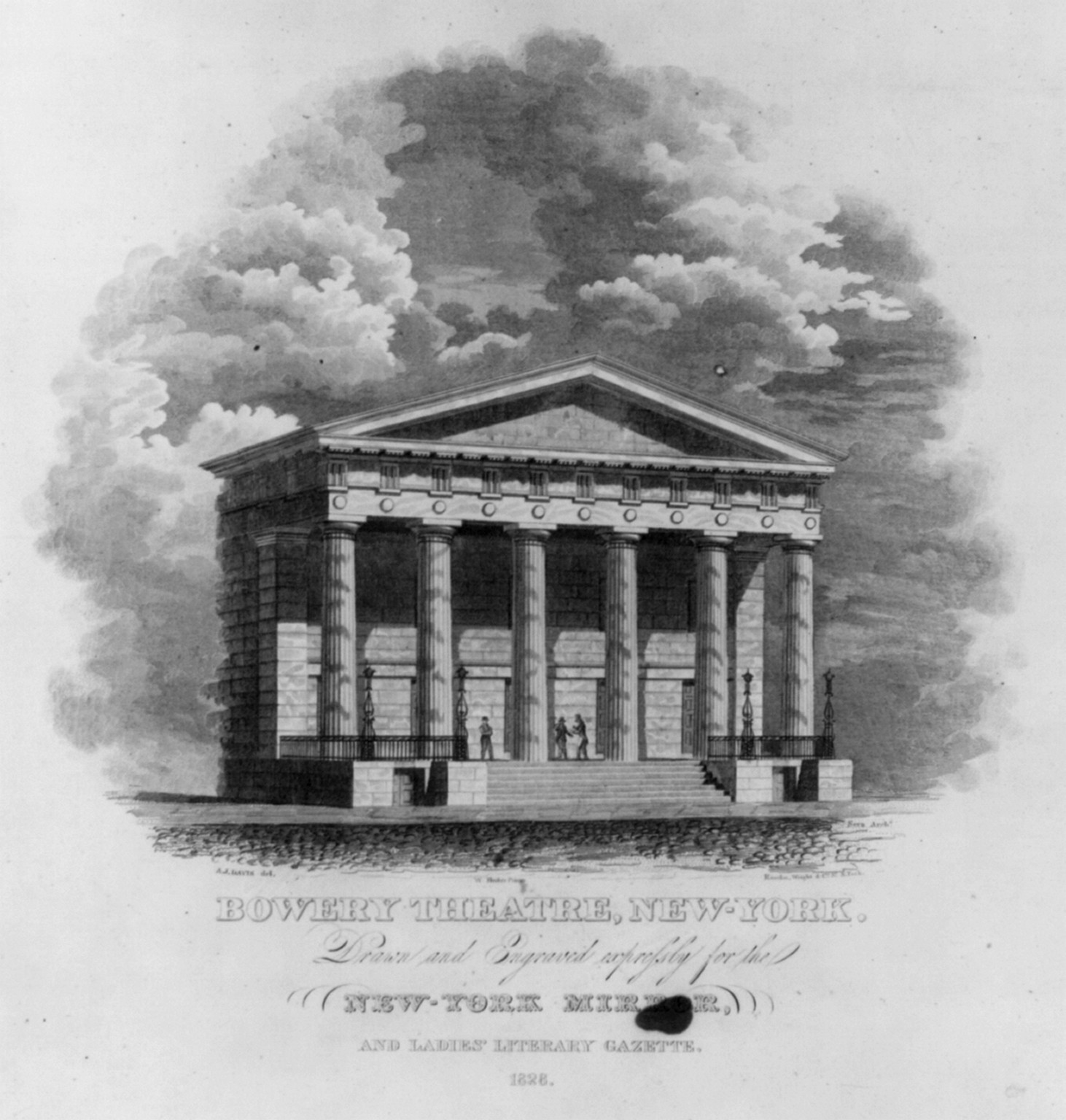 [N.Y. (City) - Bowery Theatre: facade, 1828 drawn and engraved...for the New York Mirror"]" — antique engraving