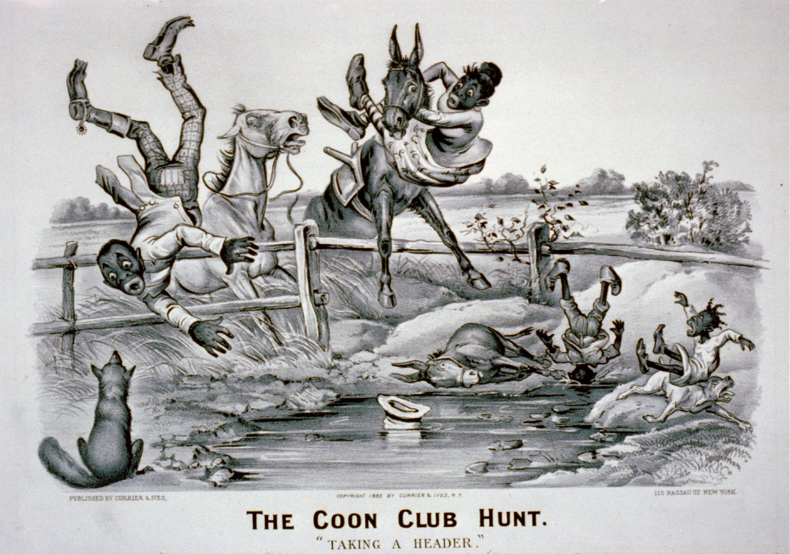 The coon club hunt--Taking a header"", New York : Published by Currier & Ives, c1885. — antique lithograph