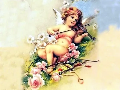 Cherub playing violin among roses, with bow and arrows
