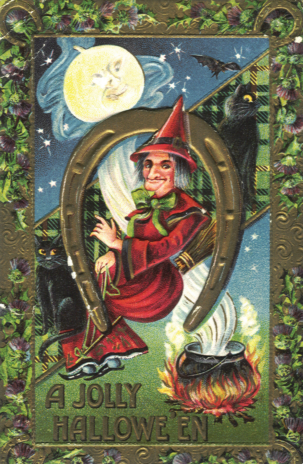 A Jolly Hallowe'en postcard with witch and black cats — vintage postcard