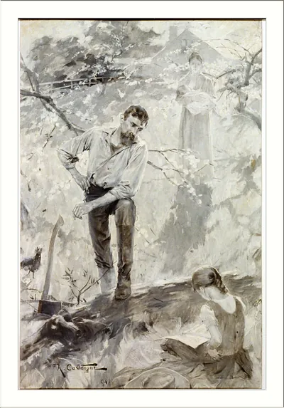 [Woodcutter and family pausing to listen to seated girl reading about Washington] / A. Castaigne.