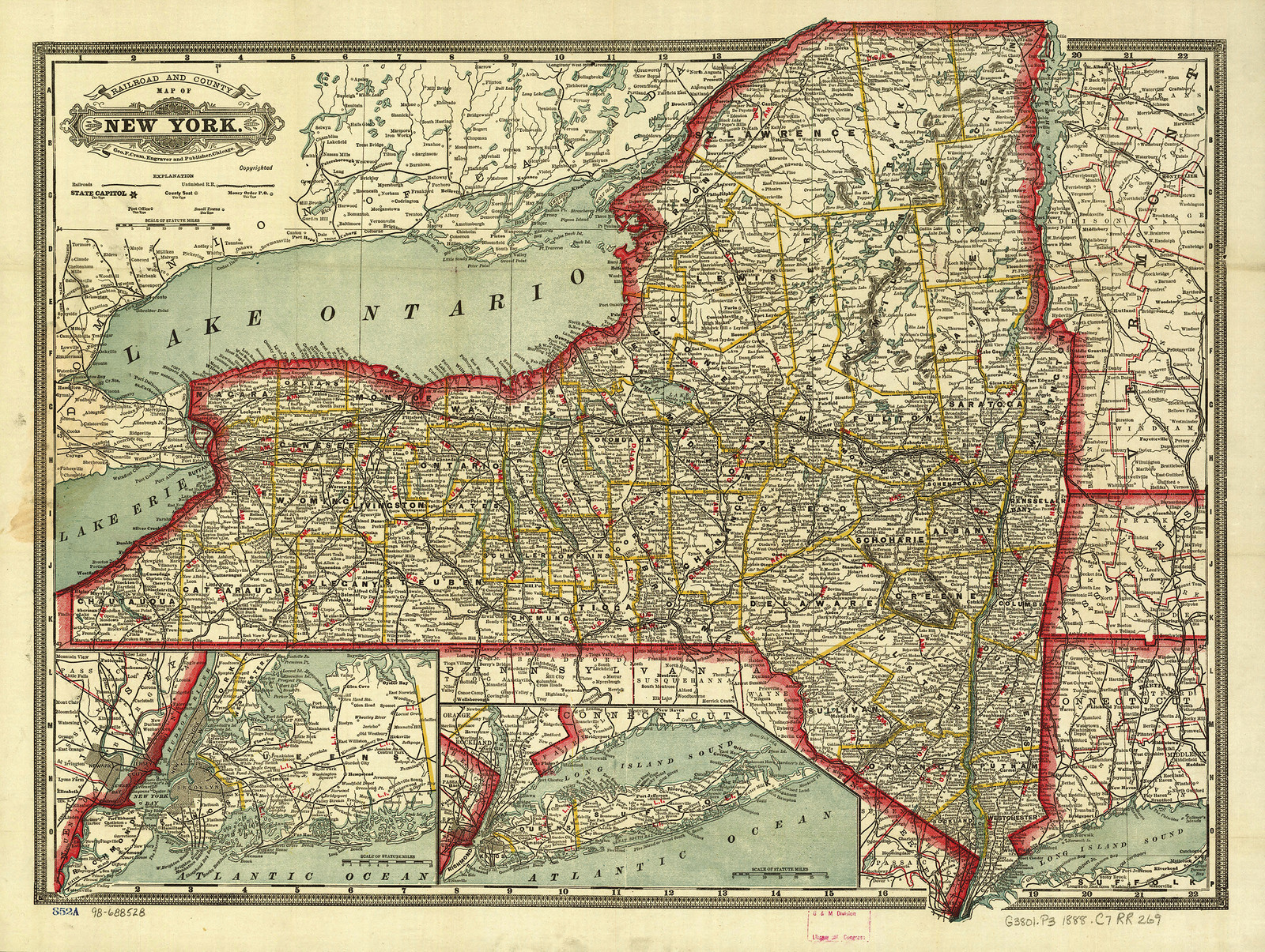Railroad and County Map of New York, 1888 — antique map