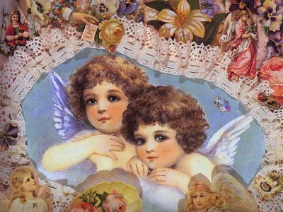 Two cherubs framed by lace and flowers, Victorian scrap collage