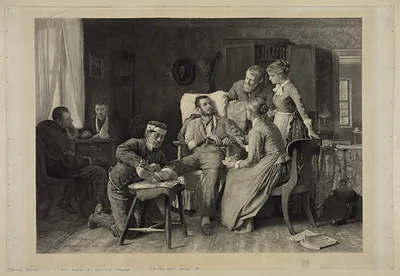 Wounded soldier tended by family in a parlor