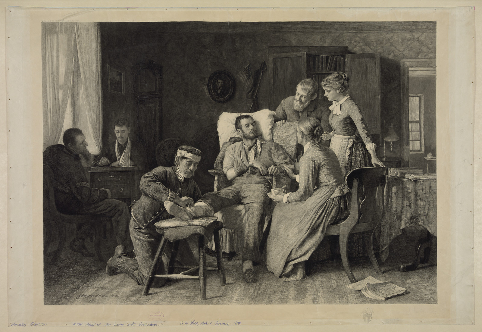 Wounded soldier tended by family in a parlor — historic image