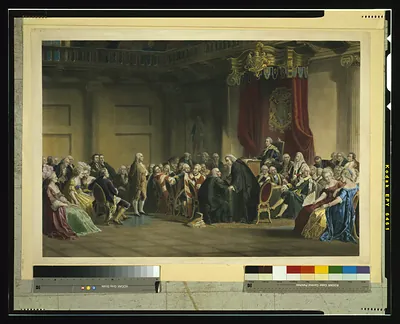 Franklin before the lord's council, Whitehall Chapel, London, 1774 / painted by C. Schuessele ; engraved by Whitechurch.