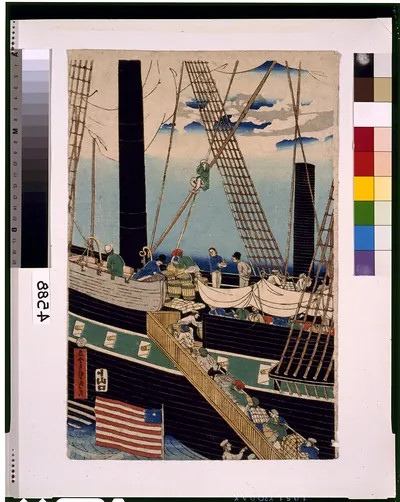 Yokohama koeki seiyojin nimotsu unso no zuTITLE TRANSLATION:Western traders loading cargo in Yokohama.