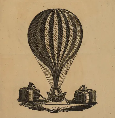 Woodcut of an inflated balloon with gas barrels