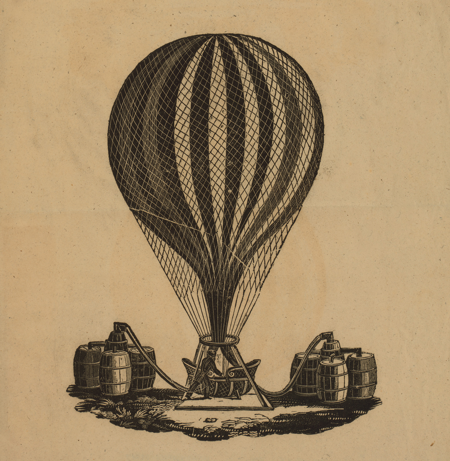 Woodcut of an inflated balloon with gas barrels — historic image