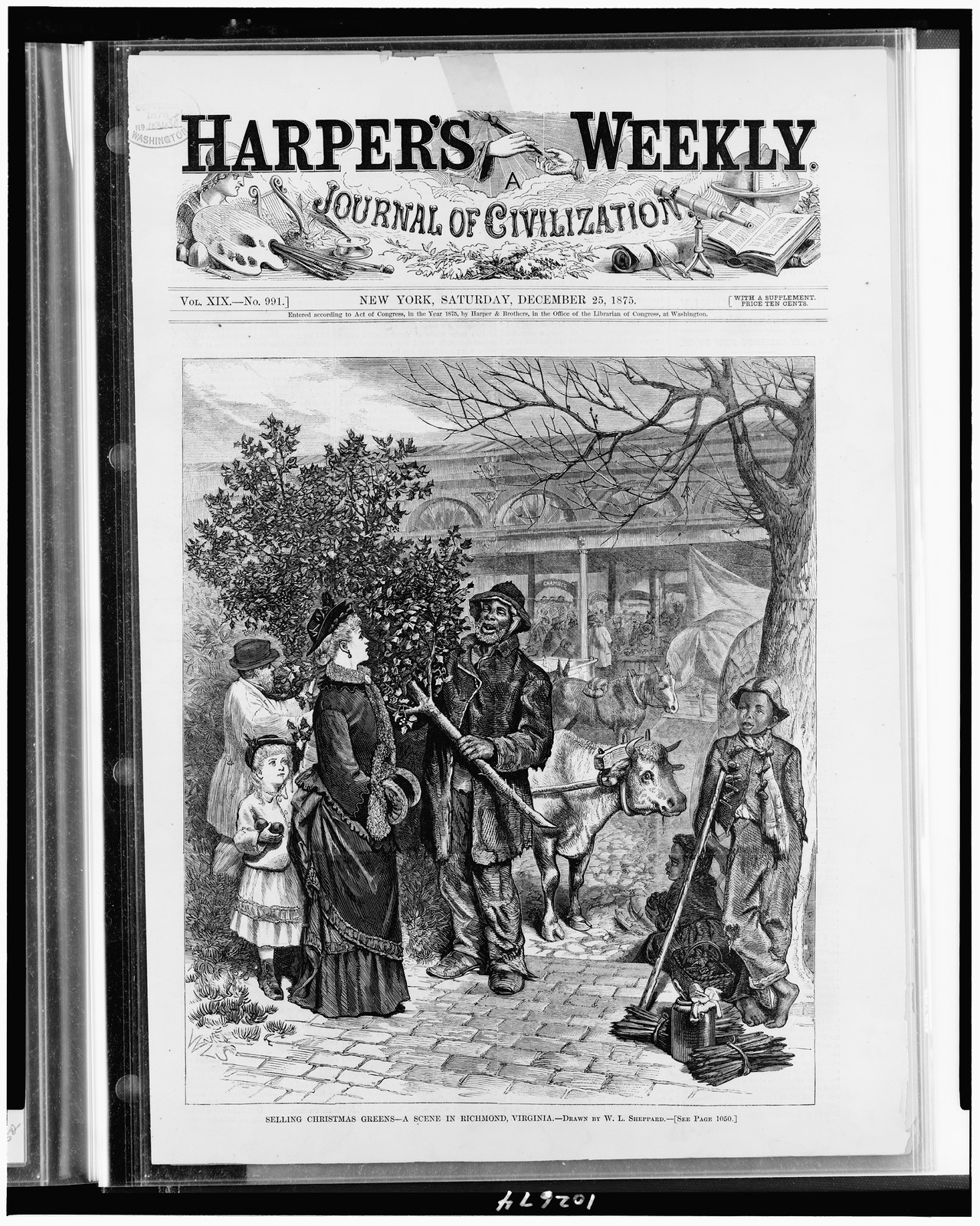 Selling Christmas greens--a scene in Richmond, Virginia / drawn by W.L. Sheppard. ; W.L.S., published 1875 Dec. 25. — antique engraving