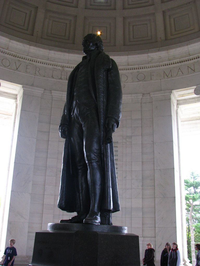 Bronze statue of Thomas Jefferson in memorial rotunda — historic image