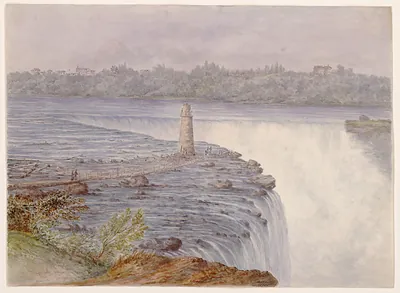 Grand Falls at Niagara with stone tower and footbridge