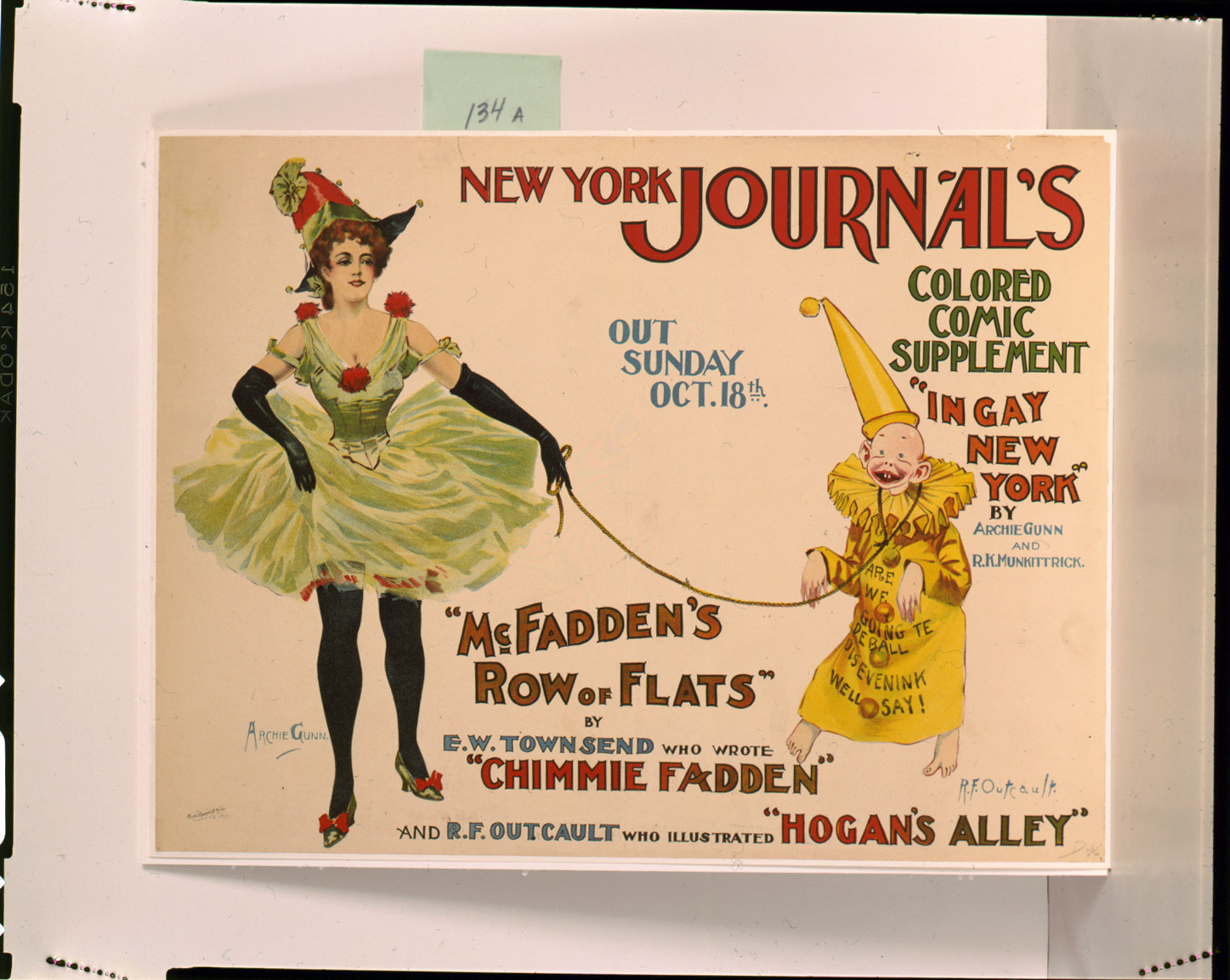 New York Journal's colored comic supplement In gay New York" by Archie Gunn and R.K. Munkittrick--"McFadden's row of flats" by E.W. Townsend ... / Archie Gunn ; R.F. Outcault.", N.Y. : H.A. Thomas & Wylie lith., [1896] — vintage poster
