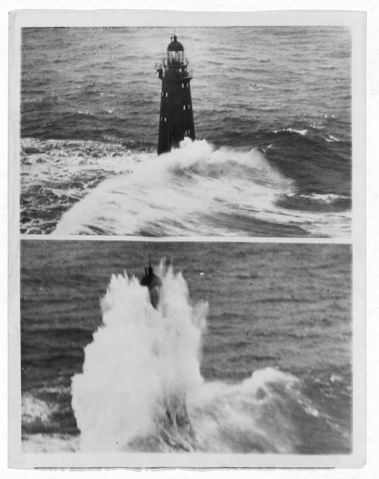 Lighthouse in rough seas with breaking waves — historic image
