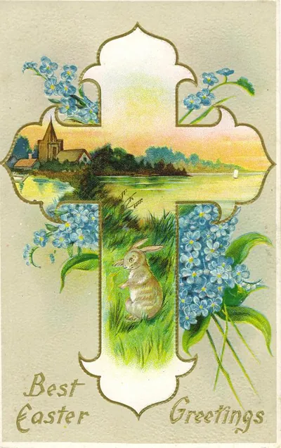 Best Easter Greetings postcard with cross, bunny and forget-me-nots