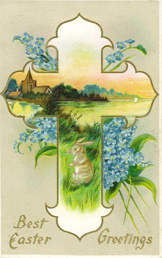 Best Easter Greetings postcard with cross, bunny and forget-me-nots — vintage postcard