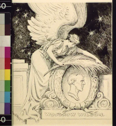 Winged Peace figure with Woodrow Wilson medallion, pen drawing