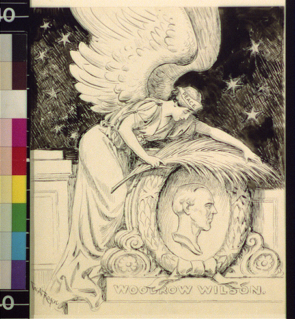 Winged Peace figure with Woodrow Wilson medallion, pen drawing — historic drawing