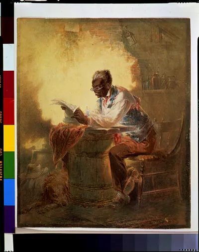 [Black man reading newspaper by candlelight]