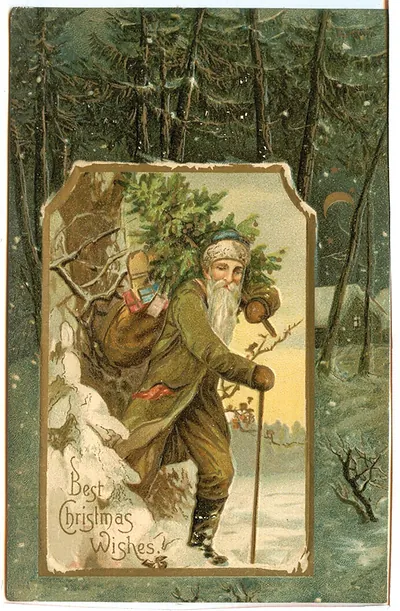 Vintage Christmas postcard: Santa with tree and gifts, Best Christmas Wishes