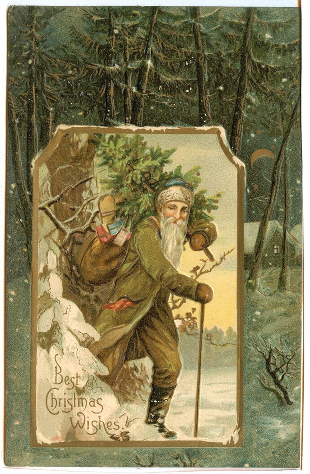 Vintage Christmas postcard: Santa with tree and gifts, Best Christmas Wishes — vintage postcard