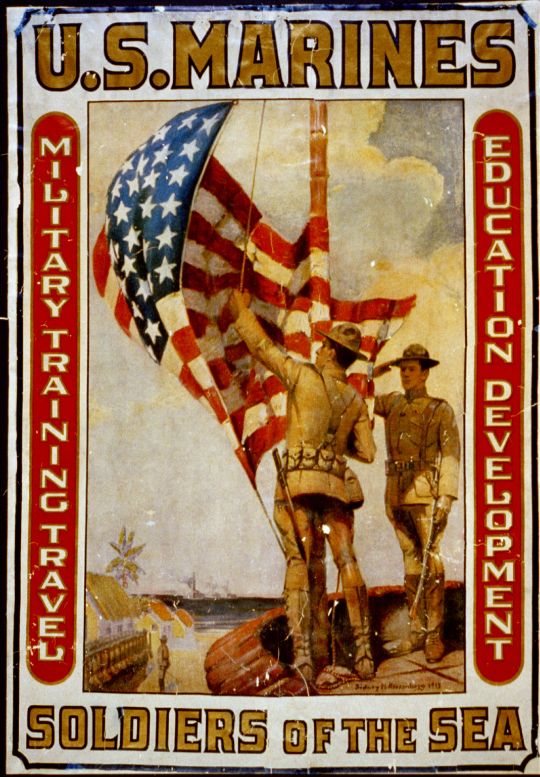 U.S. Marines - Soldiers of the sea Military training travel education development / Sidney H. Riesenberg 1913., 1913 — vintage poster