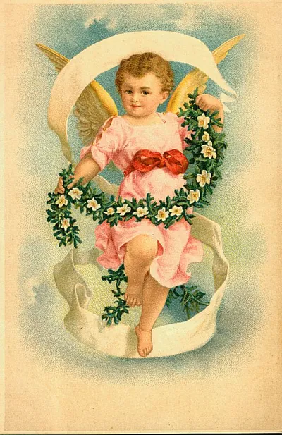 Winged angel child in pink with flower garland